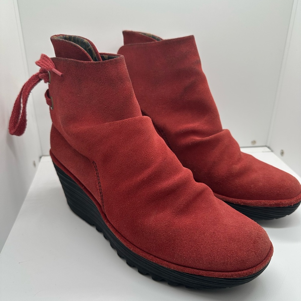 Fly‎ London Yama Platform Wedge Ankle Boots Red Suede Leather Size EU 37